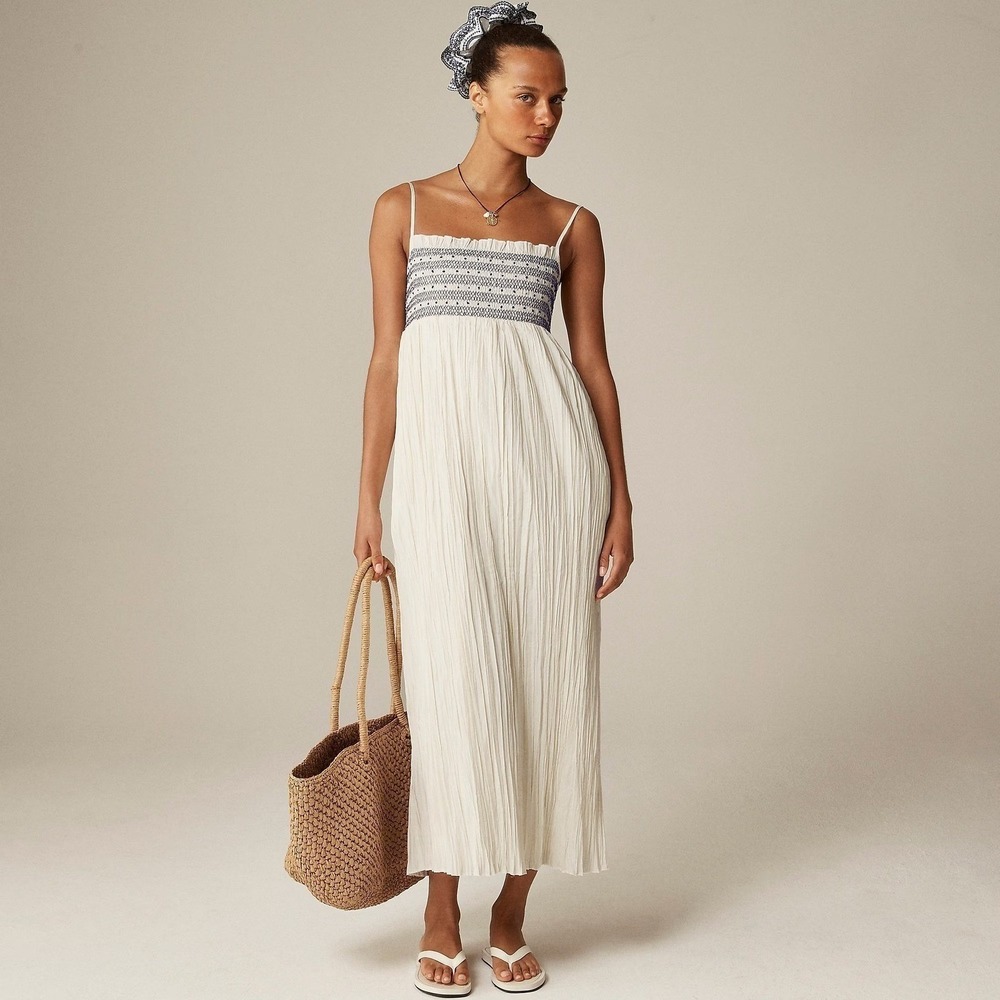 J.Crew Catania Cotton Smocked Maxi Dress XL White Blue Summer Vacation Easy NWT